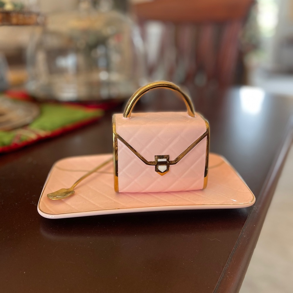 Cute pink purse mug and tray with golden spoon